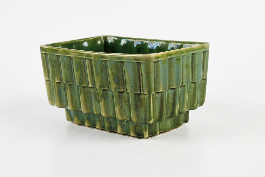 Cookson Pottery #336 MCM Planter: Green drip glaze rectangular planter with stepped base and geometric texture. No major damage or blemishes, please see photos for more details.?