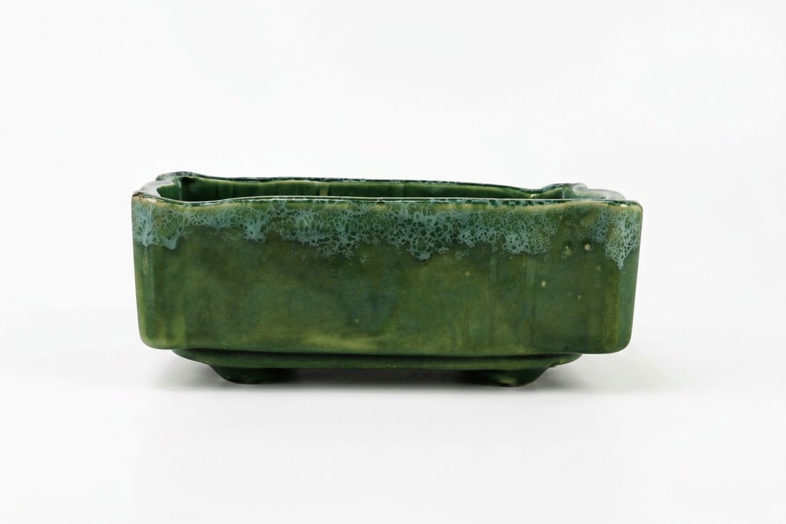 UPCO Pottery MCM Planter: Small green drip glaze rectangular footed planter with scalloped corners. No major damage or blemishes, please see photos for more details.?