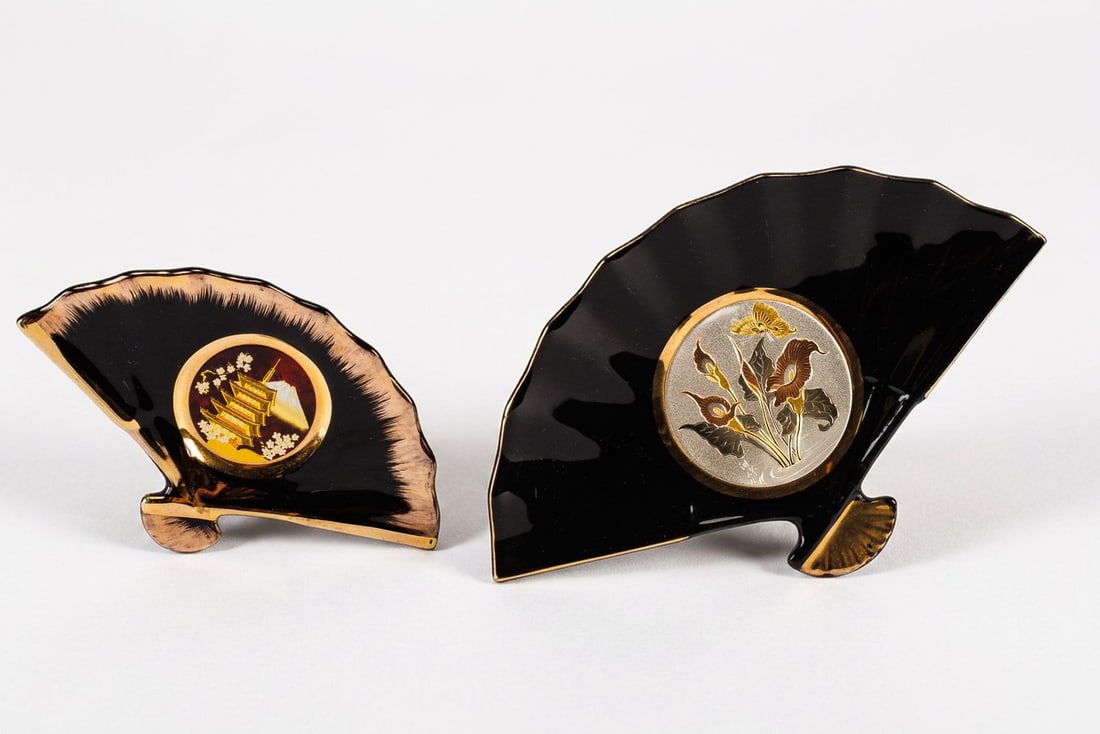 2 Vintage MCM Japanese Chokin Fan-Shaped Trinket Dishes: Dated vintage, these two mid-century modern trinket dishes are crafted using Japanese Chokin methods; each dish depicting traditional folding fan forms. The larger fan is ornamented with floral