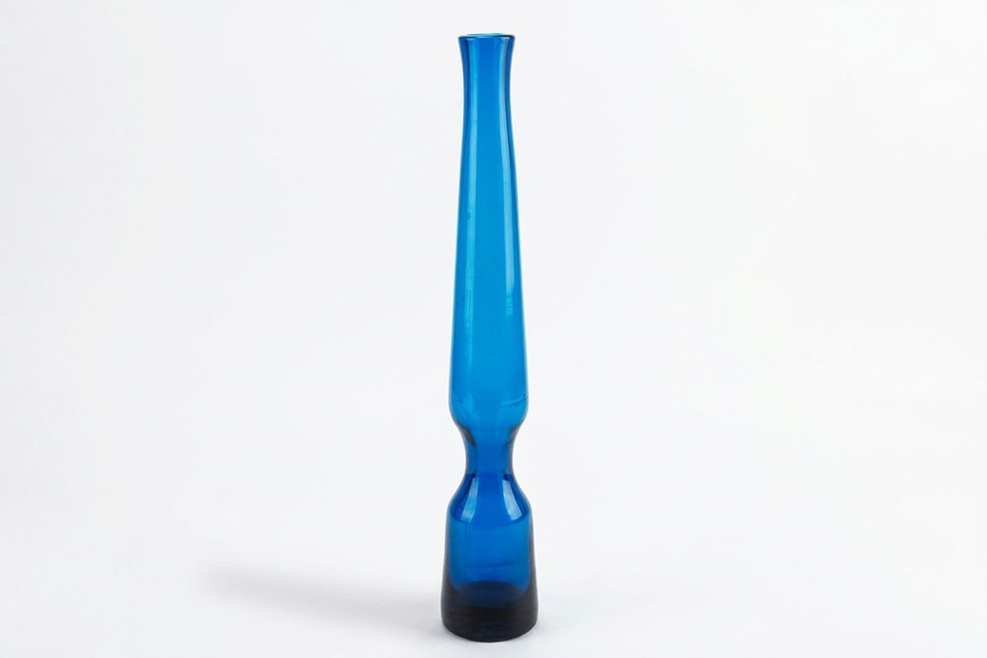 Vintage Cobalt Blue Art Glass Vase Handblown: Vintage cobalt blue art glass vase handblown.? Mid Century design, with long slender neck.? Gorgeous color and piece for your collection. See photos for details.??