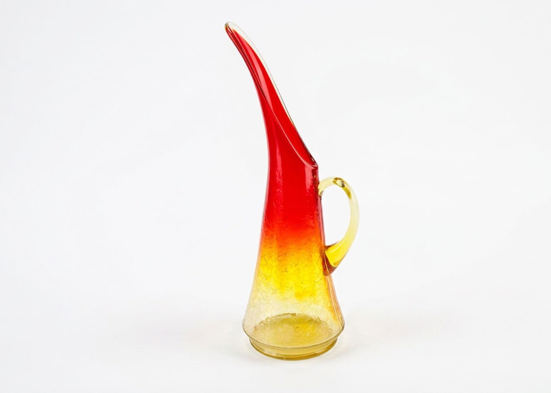 Vintage Crackle Amberina MCM Art Glass Pitcher Vase.: Vintage Crackle Amberina MCM Art Glass Pitcher Vase.? Features yellow handle, curvy neck and a smooth base.? See photos for details.