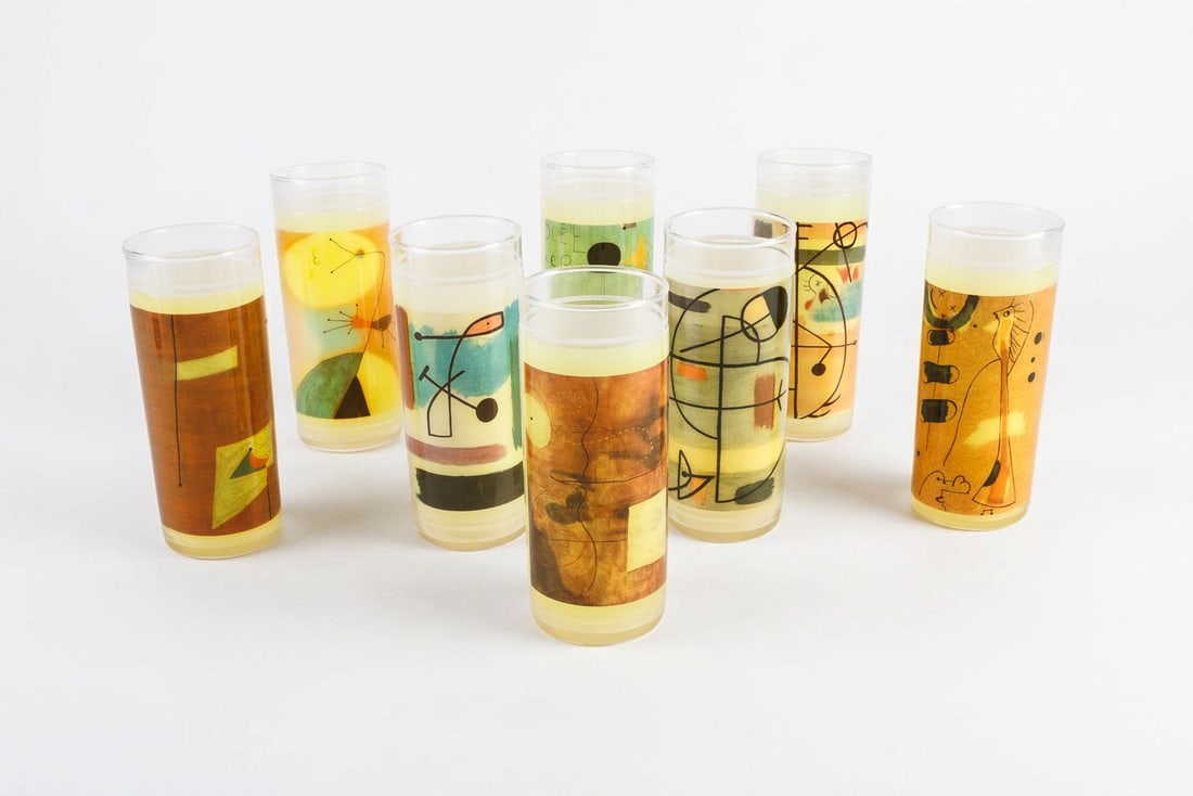 Vintage 1960s Vue-Ion Ware Highball Glasses by Litho Glass Inc: Vintage 1960s Vue-Ion Ware highball glasses by Litho Glass Inc.? Set of 8 in original box.? Glasses feature wrapped plastic designs with famous abstract art on them. This one is name Miro.? Really