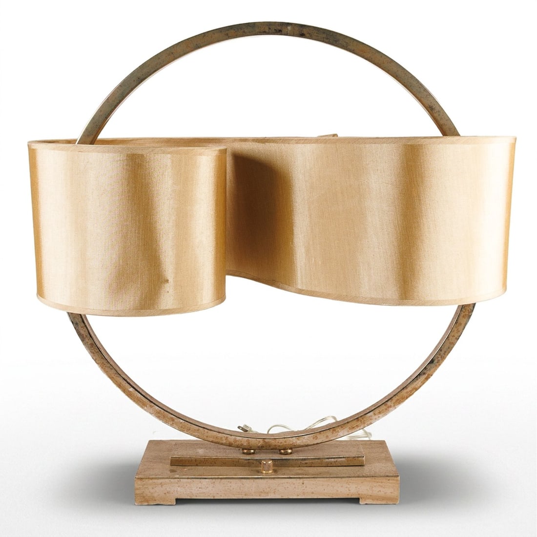 Vintage Continuous Double Shade Circle Lamp: Circular metal frame with a mottled finish. Tested working. The champagne colored shade has a scratch on it, one black mark, and two small dents.?