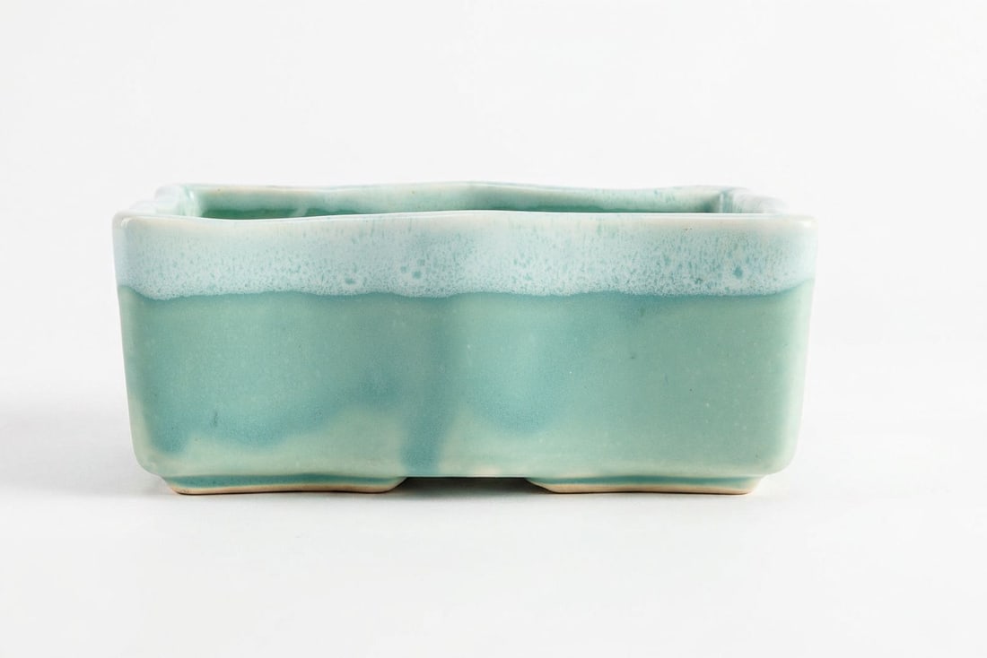 UPCO #922 MCM Planter: Turquoise drip glaze rectangular planter with scalloped edge. No major damages or blemishes, please see photos for more details.?