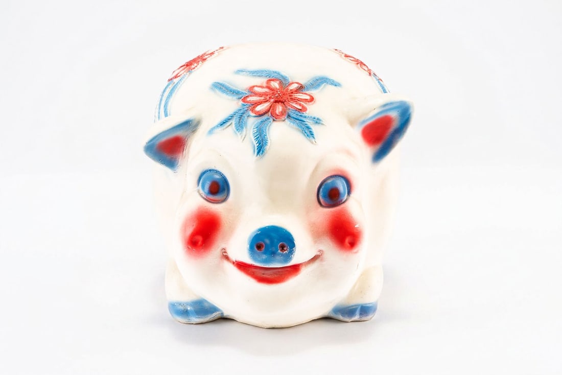 Very Large Vintage Happy Piggy Bank: Very Large Vintage Happy Piggy Bank. Plug on bottom so no need to break it open.? Rosy cheeks with some wear on the paint. Smiling face and ready for a new home. See photos for details.