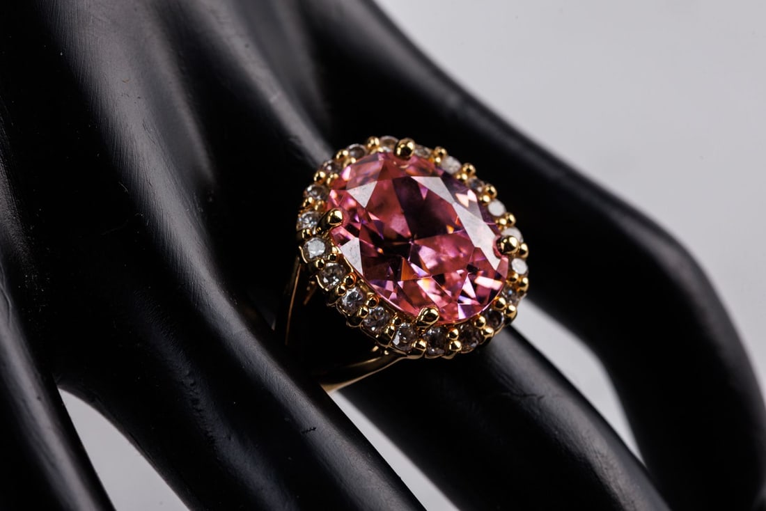 Gold Vermeil "925 Thai "Ring- Pink and Sparkly!: Gold vermeil (gold tone sterling silver) fashion ring with sparkly center pink stone and small white stones in a surrounding halo. Size 6. Marked "925 Thai" on the inside.