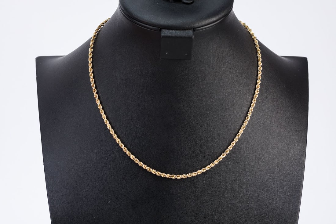 14k Gold Rope Necklace: 14k gold rope necklace. Safety clasp present. Total weight 10.31 dwt.
