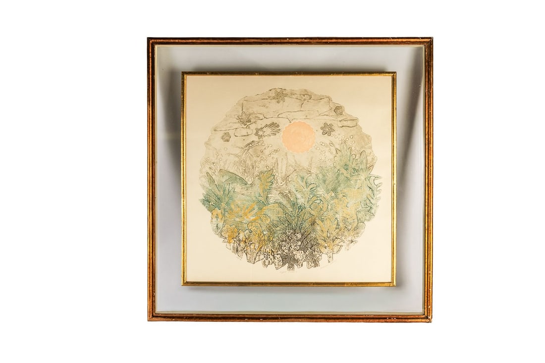 Vintage Framed Print - "Night Flowers" by Marcia Isaacs: Dated vintage circa the 1970's, this original print by California-based artist Marcia Isaacs depicts a sweeping collection of whimsical florals set under a starlight night sky. This intriguing print