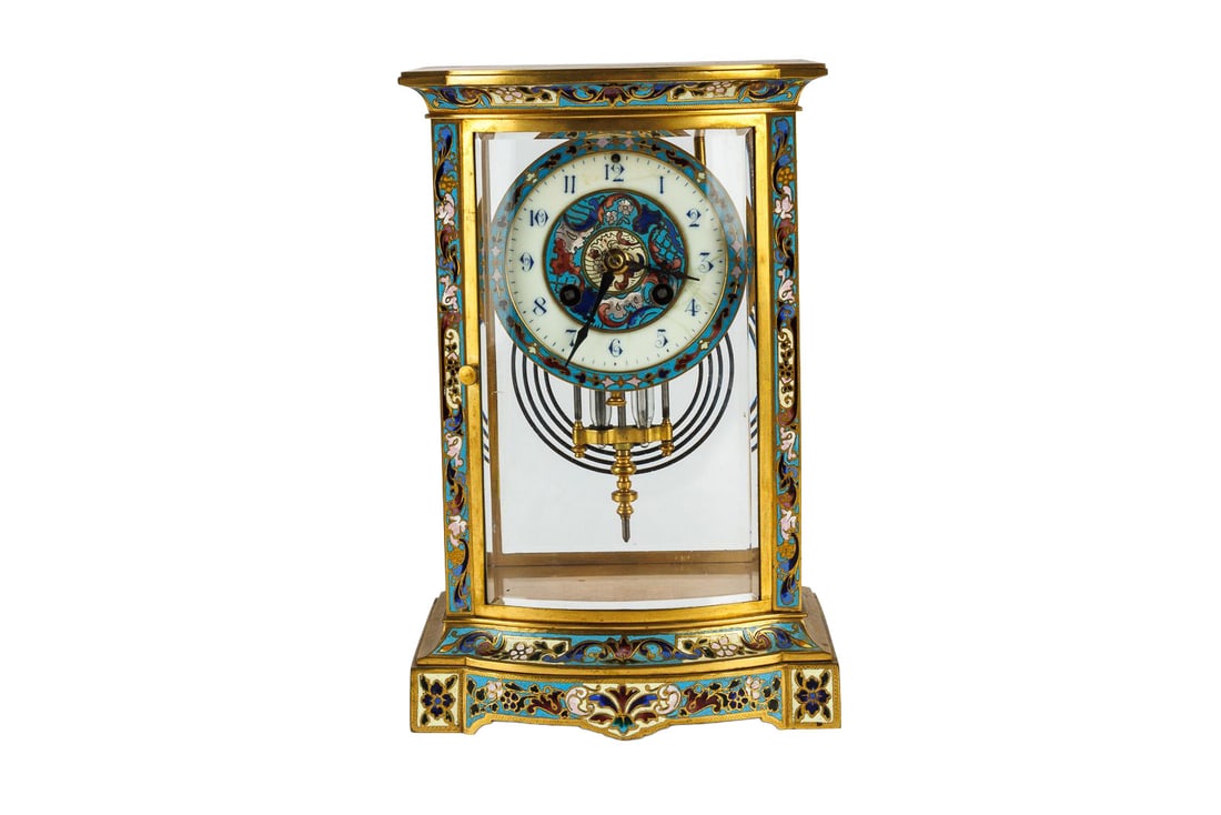 Antique French Crystal Regulator Mantel Clock with Champlevé Enamel Work (1 of 17)