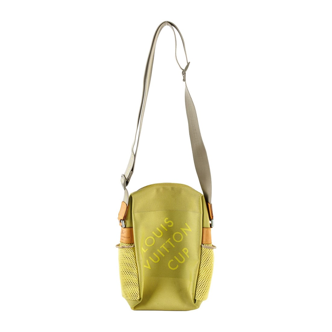 Y2K Louis Vuitton Damier Geant LV Cup Weatherly Crossbody Bag: Louis Vuitton yellow woven bag with exterior net pockets and webbed strap. One small stain on the strap. Please see photos for more details.