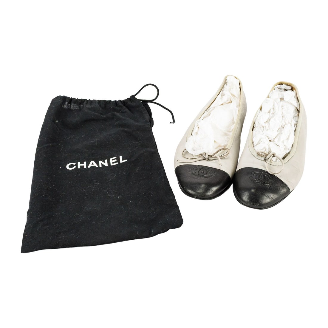 Chanel Ballet Flats size 8: Chanel two tone ballet flat shoes size 38.5, US 8-8.5. Has some creases on the toe box and some dirt marks, the bottom shows wear. Please see photos for more details.
