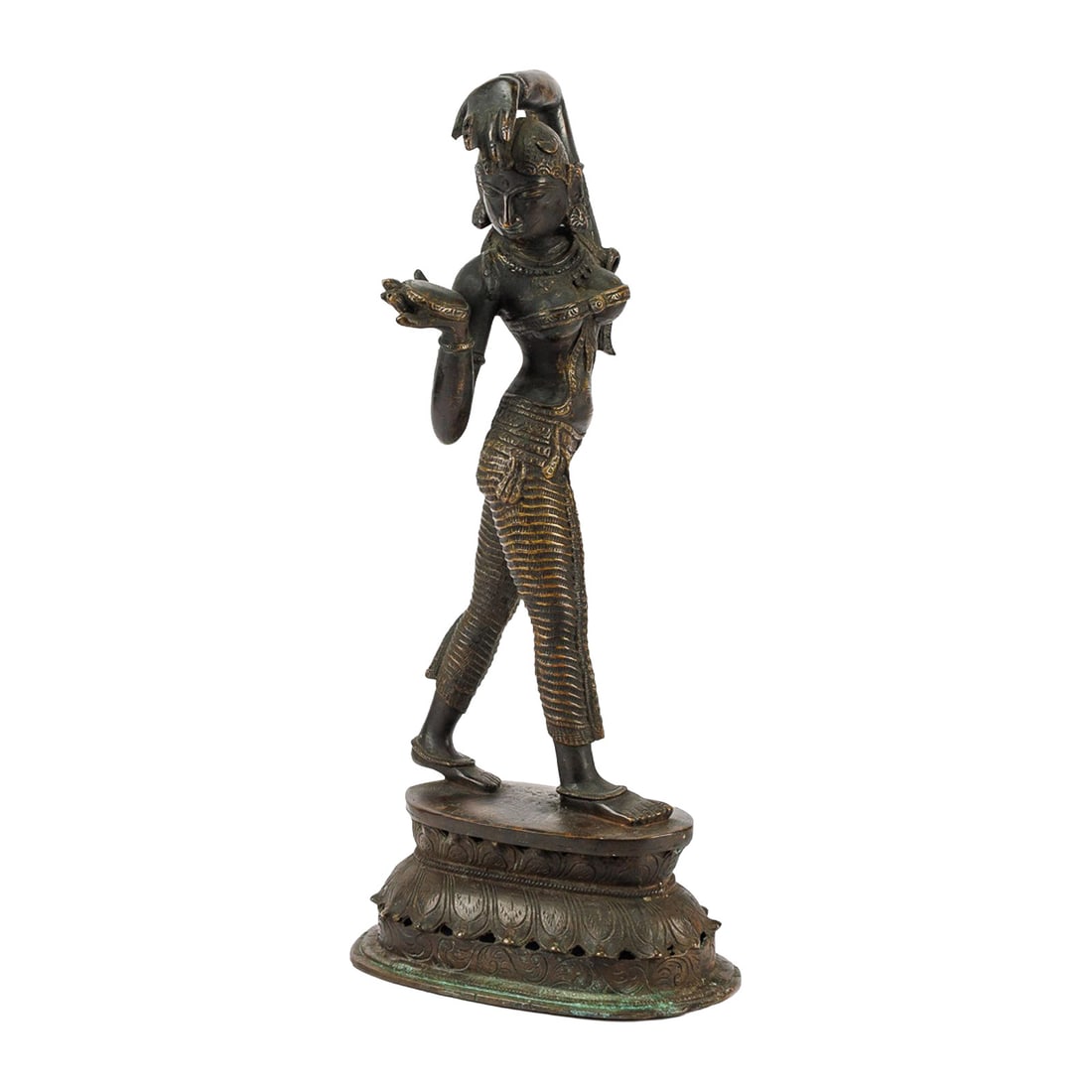 Indian Cast Bronze Statue of a Female Dancer: This traditional Indian bronze statue depicts a celestial dancer or goddess showcasing a graceful and fluid aesthetic. Crafted in a lost-wax casting technique, this figural statue stands in a