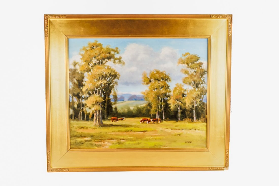 Oil on Canvas Painting - "August Afternoon" by Woodruff Palmer (1953-): Original oil on canvas painting by American artist Woodruff Palmer depicts a landscape drifting through an warm afternoon in August. Cows graze against a wooded field, as thick clouds soar overhead, c