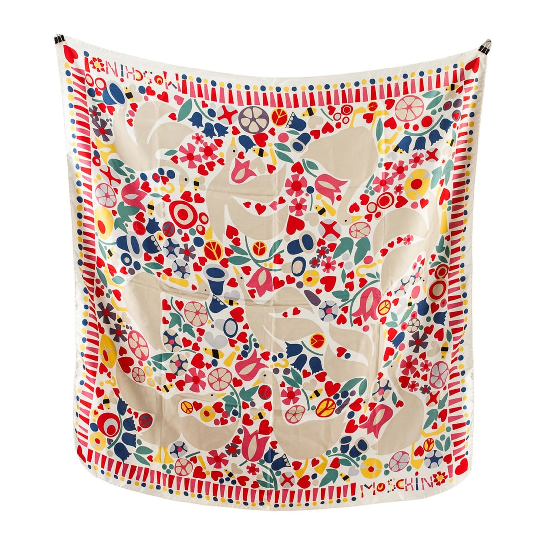 Moschino Playful Goose Silk Scarf: Moschino white scarf with colorful geese, hearts, peace signs, and floral designs. 100% silk, made in Italy. One of the stitches that holds the tag is missing. A faint cigarette smell is present.