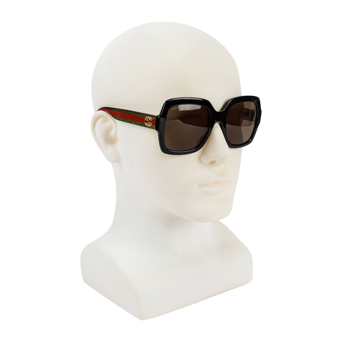 Gucci Signature Logo Sunglasses: Gucci black square sunglasses with signature gold logo at the temple, and glitter green with red stripe arms. Very good condition. Includes case and storage bag.