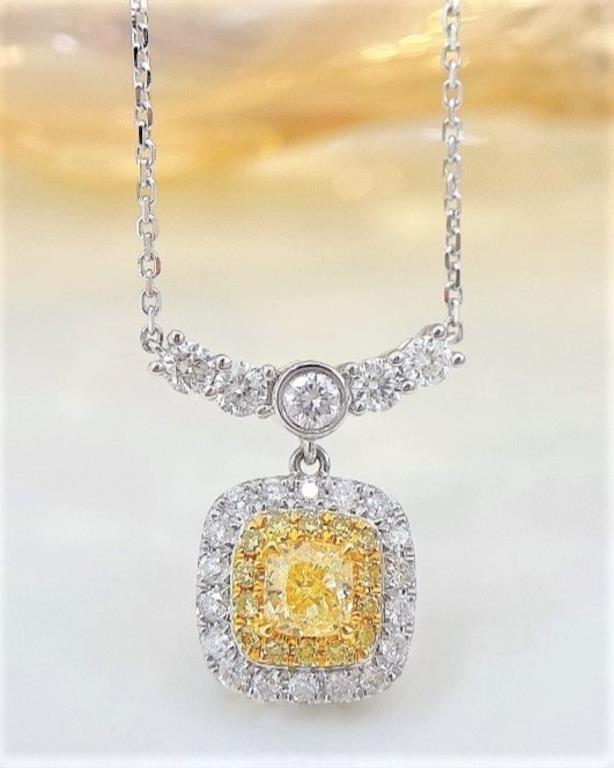 Natural Yellow Diamond 18Kt Gold Necklace: 0.35ct natural yellow diamond with 0.5cts natural diamonds and 18Kt gold setting. Gorgeous design, attractive style, looking extremly good to wear. Internationally certified natural Diamonds, comes wi