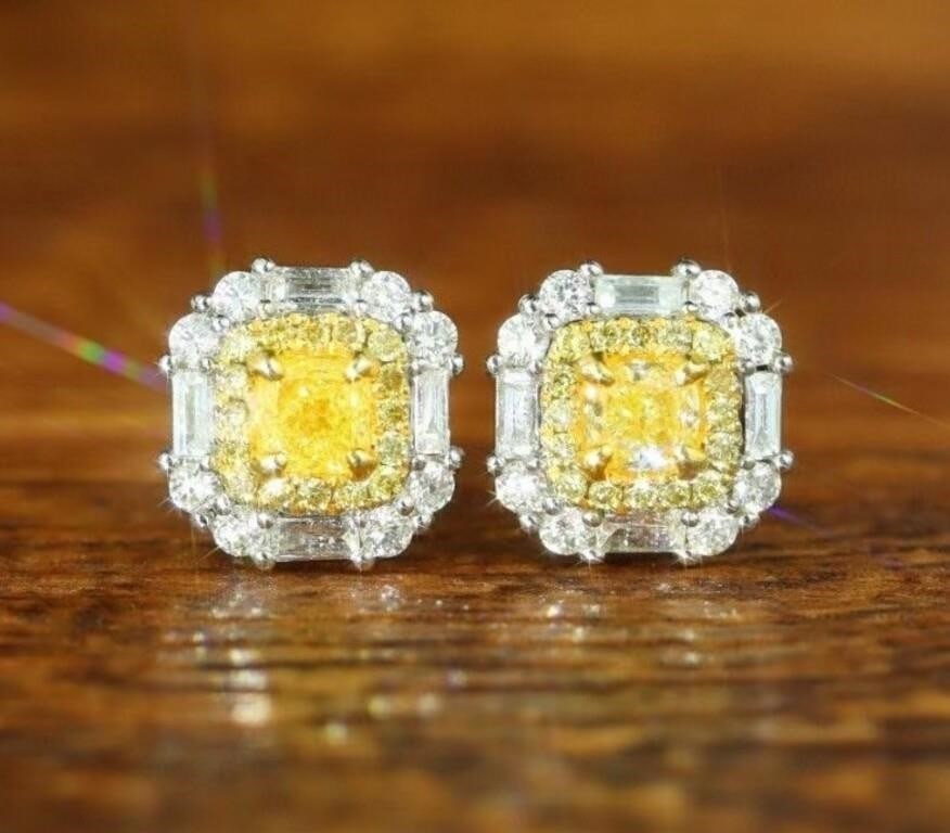 Natural Yellow Diamond 18Kt Gold Earrings: 18Kt gold set with 0.3cts natural yellow diamonds, matched with 0.35cts natural diamonds. Bright color, shining and dazzling, good clarity. Shape: Cushion-shaped. Internationally certified natural Dia