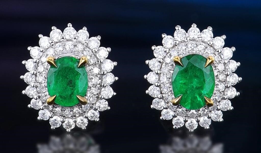 1cts Natural Emerald 18Kt Gold Earrings: 18Kt gold set with 1.03cts natural emeralds and 0.56cts natural South African high quality diamonds, this one is stunning in terms of color and brightness, superb texture. Excellent cut. International
