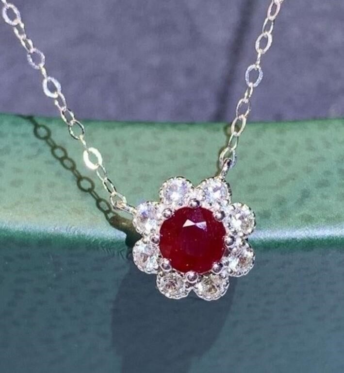 Pigeon Blood Ruby 18Kt Gold Necklace: 18Kt gold luxury set with 0.6ct natural pigeon blood ruby and 0.43cts natural South African high quality diamonds, bright color, clean-crystal, good clarity. Shape: Round. Cut: Excellent. Internationa