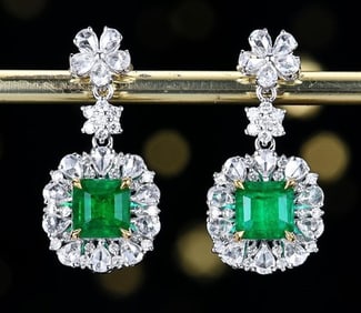1.6ct Natural Emerald 18K Gold Diamond Earrings