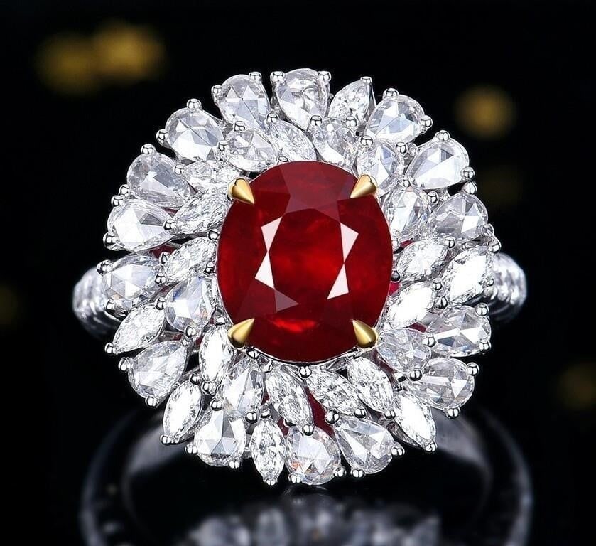 3.2ct Pigeon Blood Ruby 18K Gold Ring: 18K gold luxury set with 3.2ct natural pigeon blood ruby and natural South African high quality diamonds, bright color, clean-crystal, good clarity. Shape: Oval. Cut: Excellent. Internationally certif