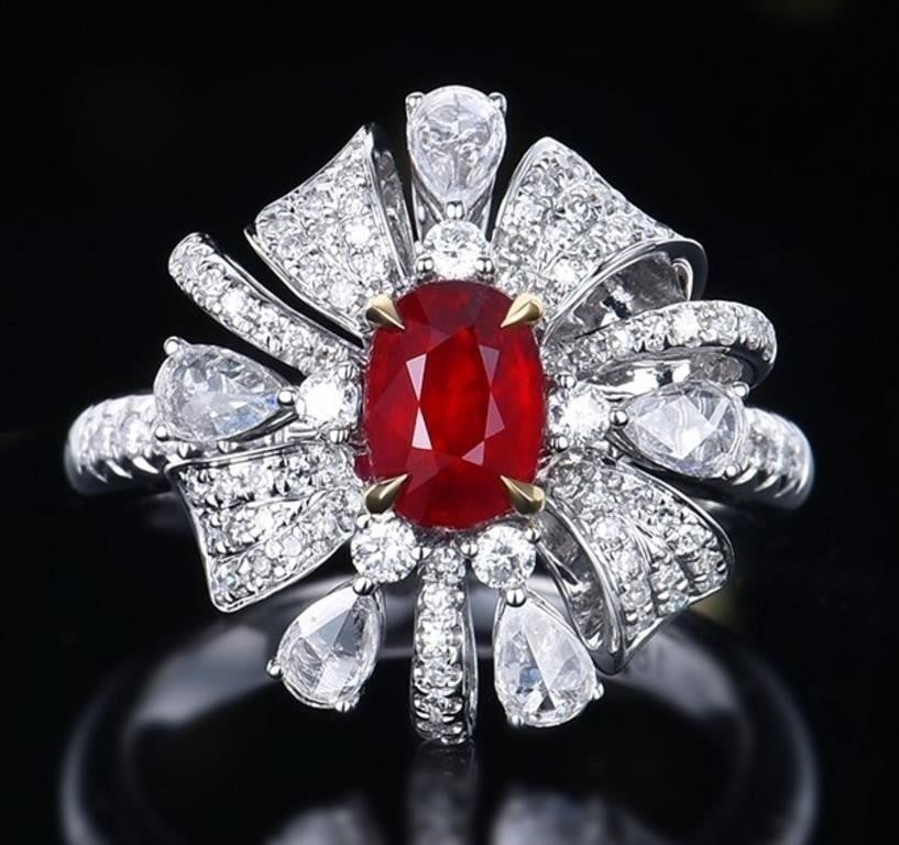 1.2ct Pigeon Blood Ruby 18K Gold Ring: 18K gold luxury set with 1.2ct natural pigeon blood ruby and 0.9cts South African natural diamonds, bright color, clean-crystal, good clarity. Shape: Oval. Cut: Excellent. Internationally certified na