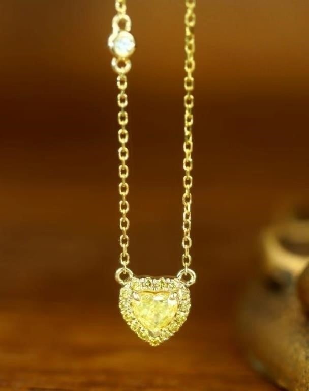 Natural Yellow Diamond 18K Gold Necklace: 18K gold inlaid with 0.26ct natural yellow diamond, crystal-clear, full color, shining and dazzling. Overall condition is excellent. Internationally certified natural Diamonds, comes with