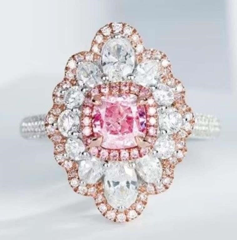 1ct Natural Pink Diamond Ring 18K Gold: 18K gold inlaid natural Australia Argyle diamond, main stone: 1ct pink diamond, accessory stone: 2.3cts diamonds. Gorgeous design, attractive style, inlaid with pink diamond and white diamond, bright 