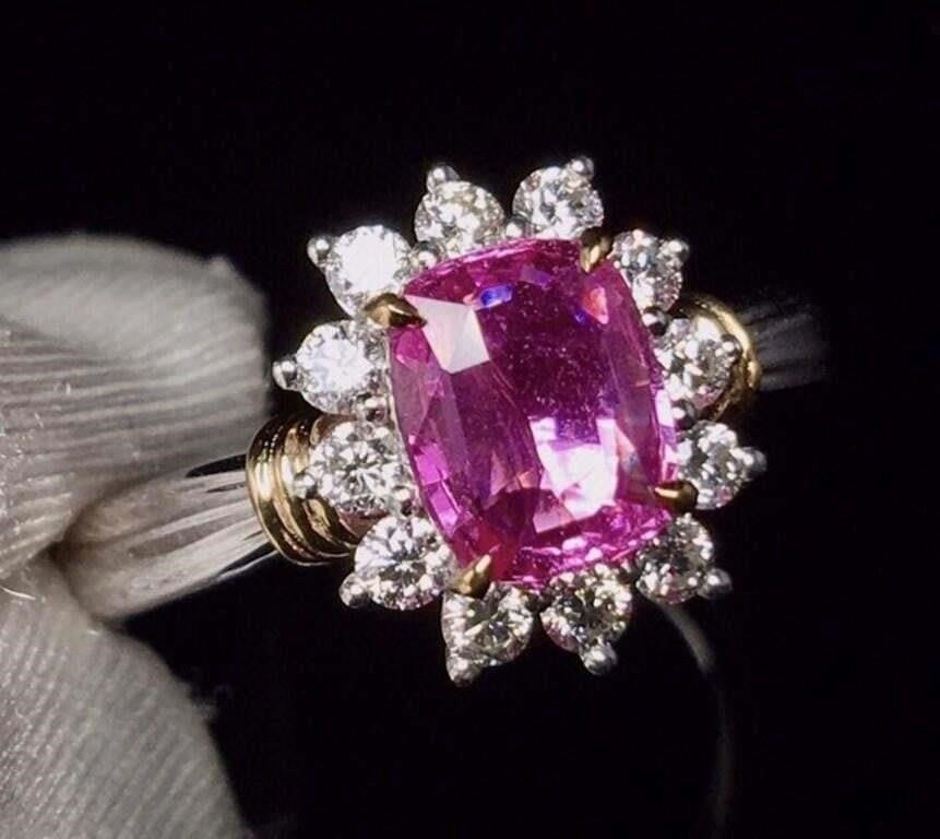 1.2ct Natural Sapphire 18K Gold Ring: 18K gold inlaid with 1.2ct natural pink sapphire and South African natural diamonds, bright color, clean-crystal, good clarity. Shape: Cushion-shaped. Cut: Excellent. Internationally certified natural
