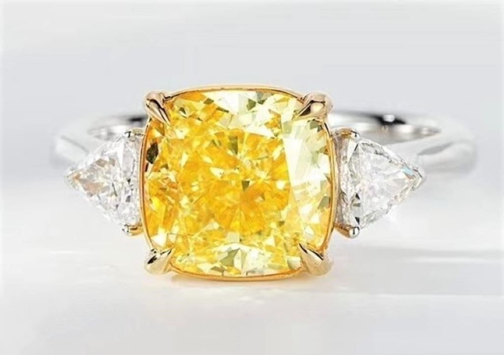 3ct Natural Yellow Diamond 18K Gold Ring: 18K gold inlaid natural South African high-quality diamonds, main stone: 3ct yellow diamond, accessory stone: 2 white diamonds. Cushion-shaped yellow diamond adopts excellent cutting technology to