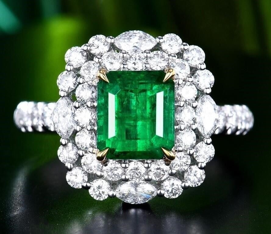 1.6ct Afghanistan Emerald 18K Gold Ring: 18K gold deluxe set with 1.6ct Afghanistan natural emerald and 1.35cts South African natural diamonds. The colors are bright. Crystal-clean, shining and dazzling. Shape: Emerald-cut. Cut: Excellent.