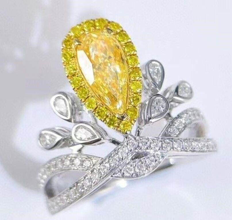 1ct Natural Yellow Diamond Ring 18K Gold: 18K gold inlaid with natural South African diamonds, main stone: 1ct, auxiliary stone: 0.65cts. Clarity diamonds and yellow diamonds are cut brightly to maximize the natural rich colors and brilliant 