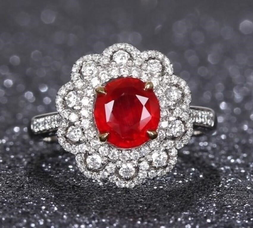 1.25ct Natural Ruby 18K Gold Ring: 18K gold luxury inlaid 1.25ct natural ruby and 0.6cts natural South African diamonds, bright color, clean-crystal, good clarity. Shape: Oval. Cut: Excellent. Internationally certified natural Ruby, co