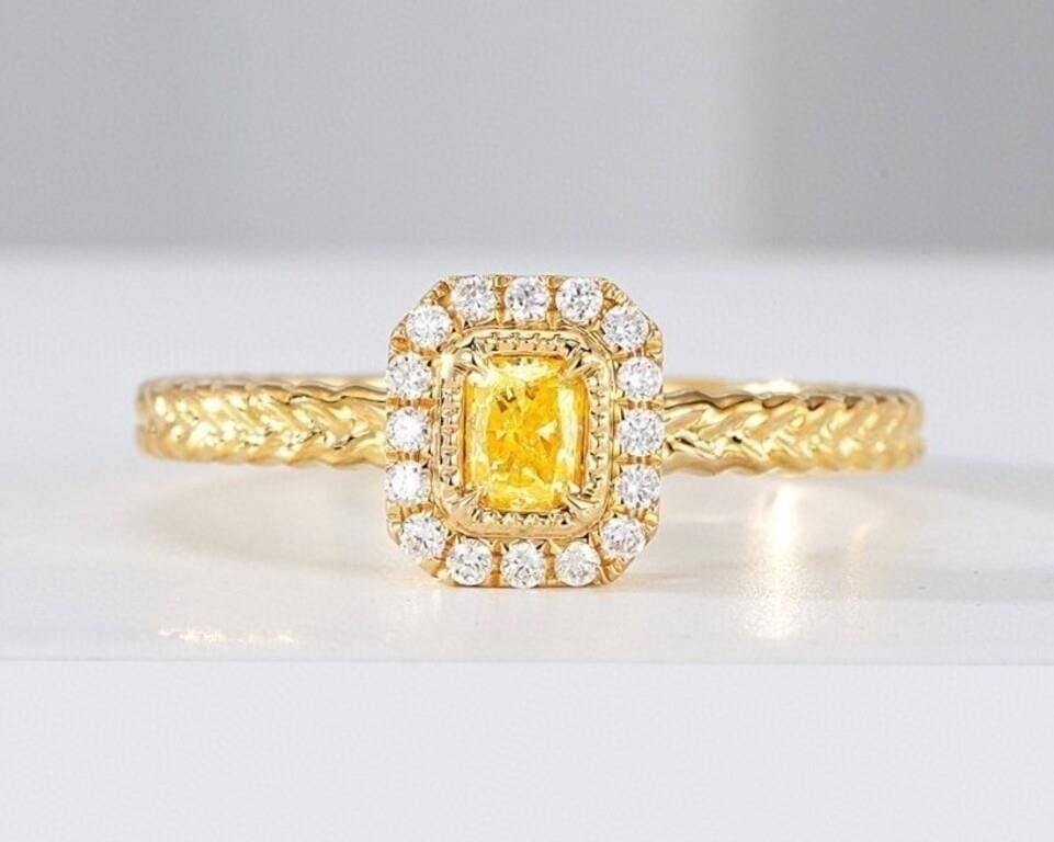 Natural Yellow Diamond 18K Gold Ring: 18K gold inlaid with 0.2ct natural yellow diamond, surrounded by diamonds, shining and dazzling, bright color, good clarity. Shape: Cushion-shaped. Cut: Excellent. Internationally certified natural