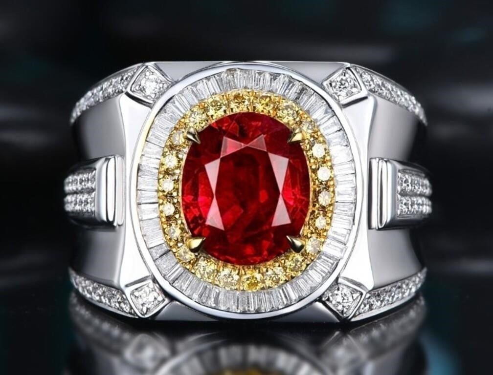 3ct Pigeon Blood Ruby 18K Gold Ring: Handcrafted from heavy 18K-gold, very lavish and splendid. 18K gold luxury set with 3ct natural pigeon blood ruby and natural South African high-quality diamonds, bright color, clean-crystal, good