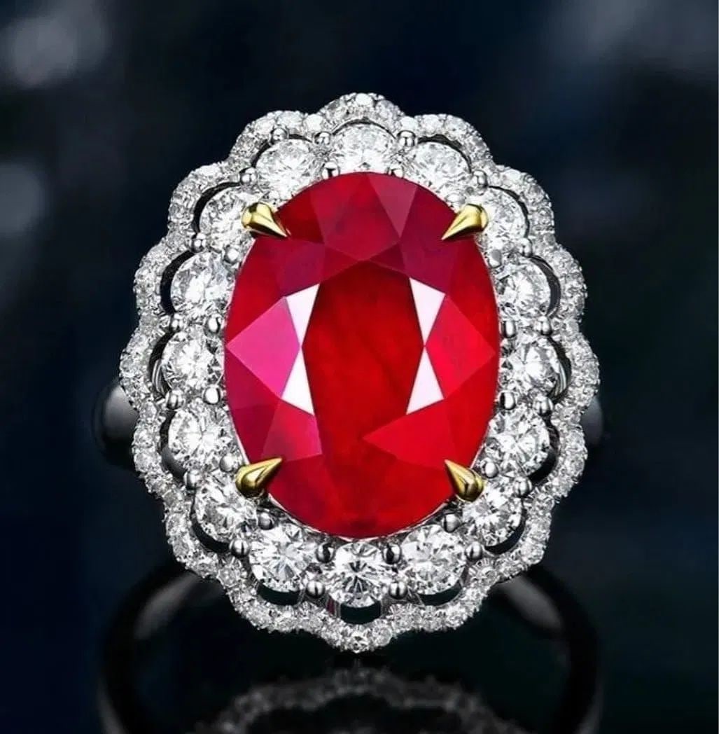 7.4ct Pigeon Blood Ruby 18Kt Gold Ring: Crafted from solid 18K gold, very lavish and splendid, 18Kt gold luxury set with 7.4ct natural pigeon blood ruby and 2.04ct natural South African high quality diamonds, bright color, clean-crystal, sh