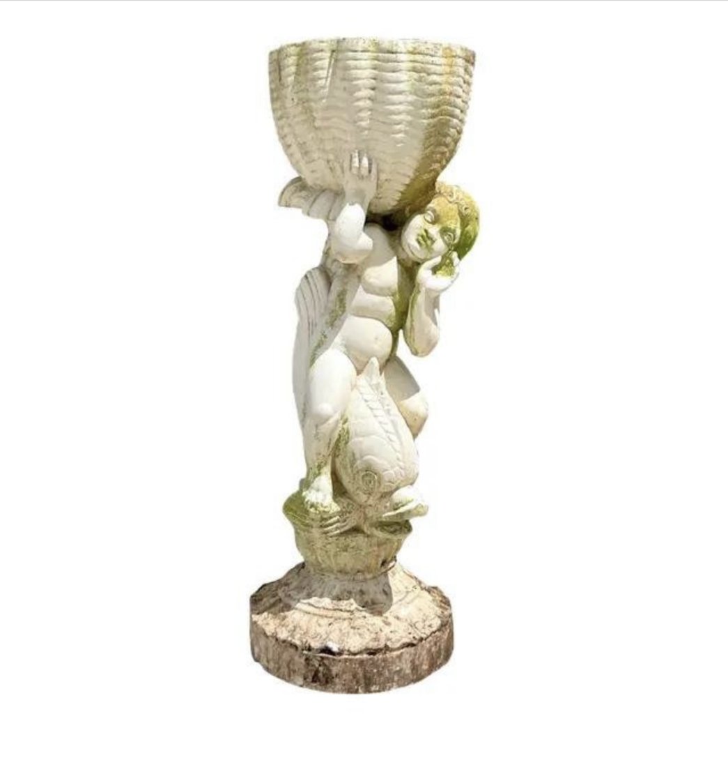 Vintage Coastal Cast Concrete Young Man Holding Shell Planter (1 of 2)