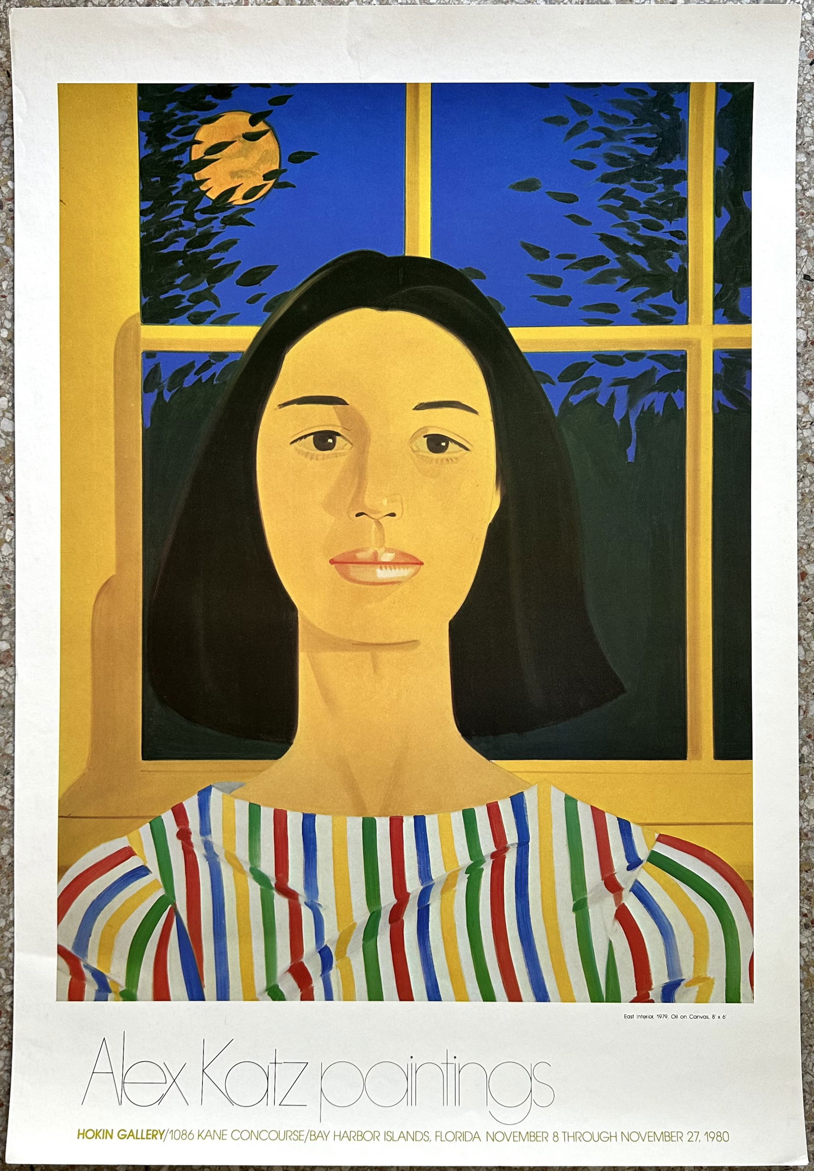 Alex Katz East Interior Portrait Print 1980: A vintage lithograph advertising Alex Katz paintings for Hokin Gallery in Palm Beach, Florida dated 1980.