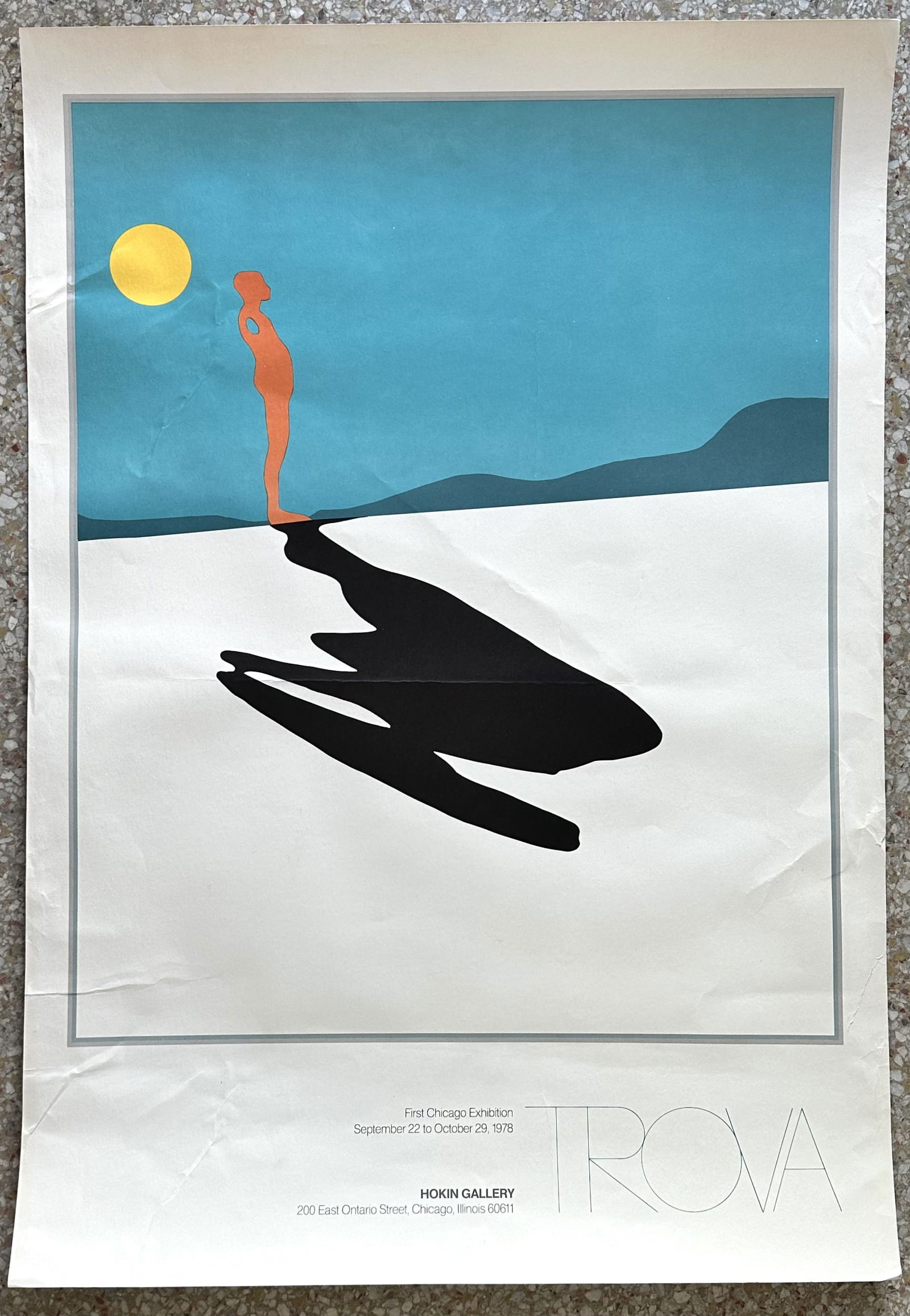 Ernest Trova Male Figure and Shadow Lithograph: A vintage lithograph advertising Ernest Trova for Hokin Gallery in Chicago, Illinois dated 1978.