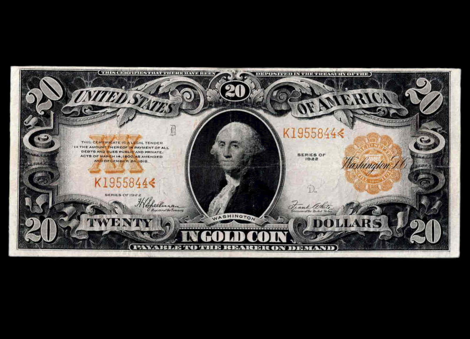 1922 $20 Gold Certificate Note Fr. 1187 (1 of 2)