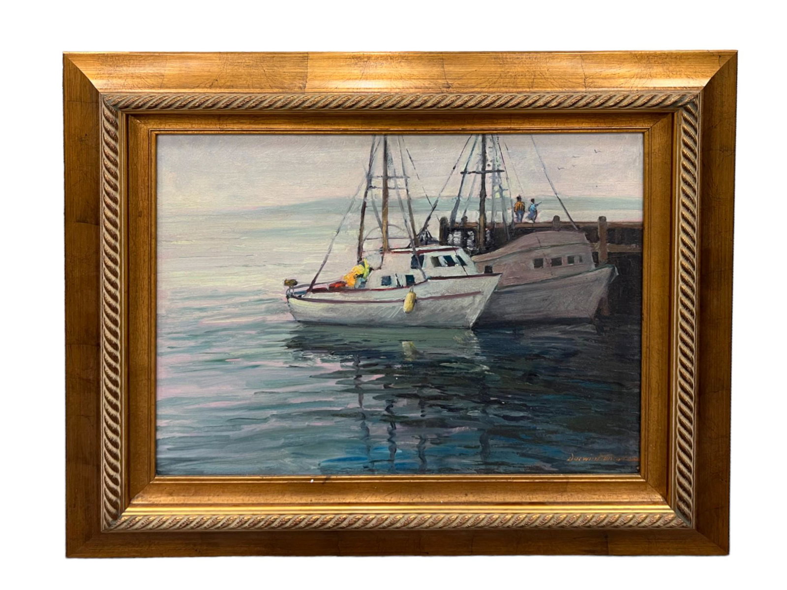 Darwin Duncan, "Idle Fishing Boats" Oil on Panel: DARWIN DUNCAN (American 1905-2002) Framed oil on Panel, "Idle Fishing Boats" signed 16" x 20".