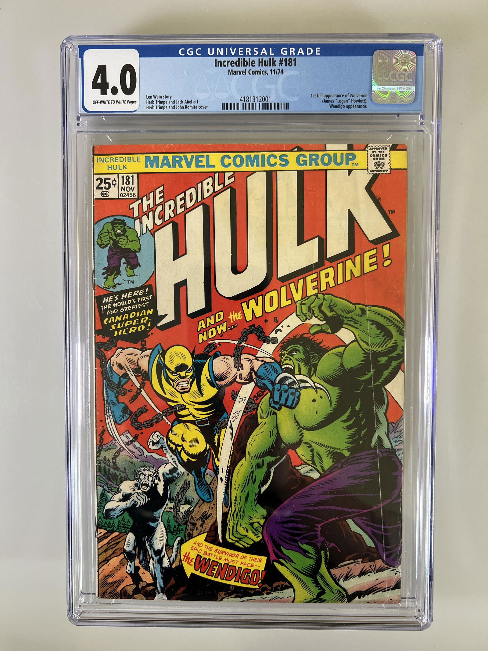 Incredible Hulk #181, Marvel Comics 11/74 CGC 4.0 (1 of 3)
