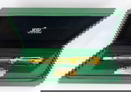 Montblanc Peter I the Great Patron of Art Fountain Pen 18K Nib 4810: Limited Edition, 986 of 4810, green resin, gold plated overlay, nib stamped "4810, 1997, 750, M, 18K, Montblanc", in box with booklet