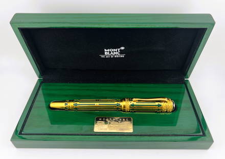 Montblanc Peter I the Great Patron of Art Fountain Pen 18K Nib 4810: Limited Edition, 986 of 4810, green resin, gold plated overlay, nib stamped "4810, 1997, 750, M, 18K, Montblanc", in box with booklet