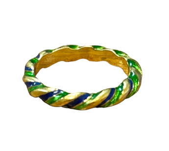 Tiffany & Co. Enamel 18k Yellow Gold Ring. Sz 6.5: Tiffany & Co. Enamel, 18k Yellow Gold Ring. Featuring blue and green enamel, set in an 18k yellow gold twisted motif mounting. Size: 6 1/2, Gross Weight: 4 grams