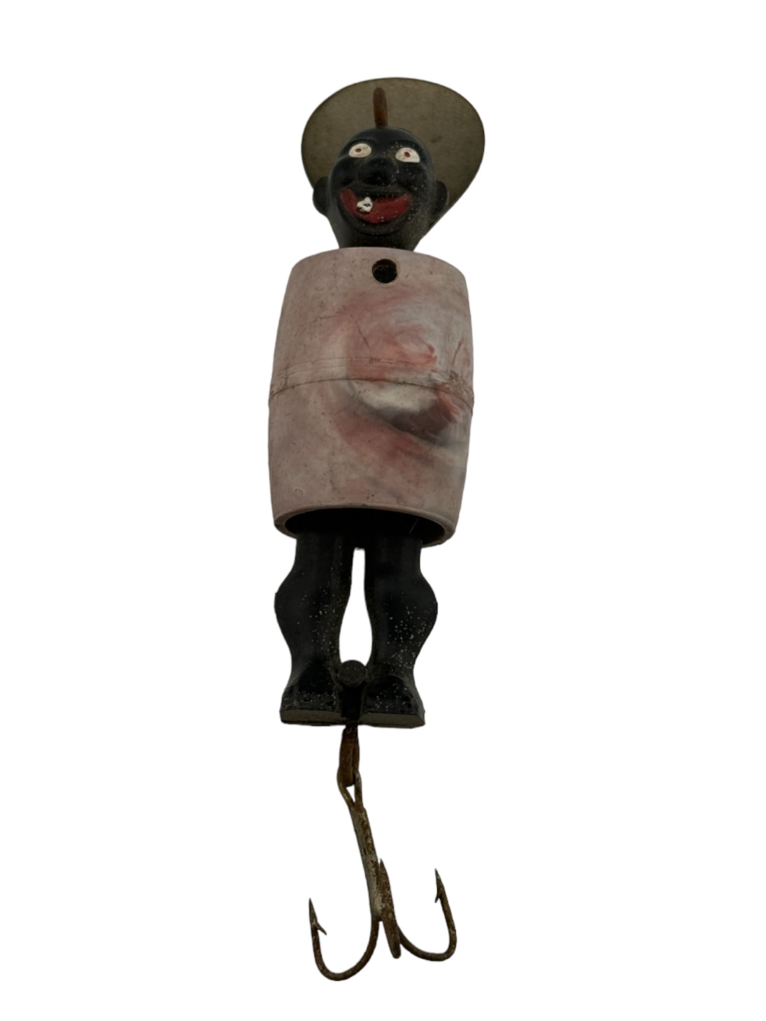 Vintage Black Americana Sambo Nude Man in Barrel Fishing Lure: Vintage Black Americana Sambo Nude Man in Barrel Fishing Lure. Lure has moving barrel. 4.5" long
