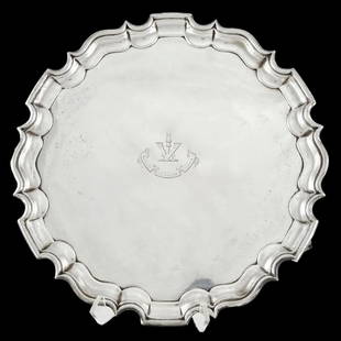 1863 Thomas Bradbury and Sons, London, circa 1863, the Sterling Silver tray Weight 63.34 OZ: An Victorian sterling salver, Thomas Bradbury and Sons, London, circa 1863, the circular tray with a piecrust galleried surround centering a ribboned crest reading 'Quondam his Vicinus Armis' 2"h x