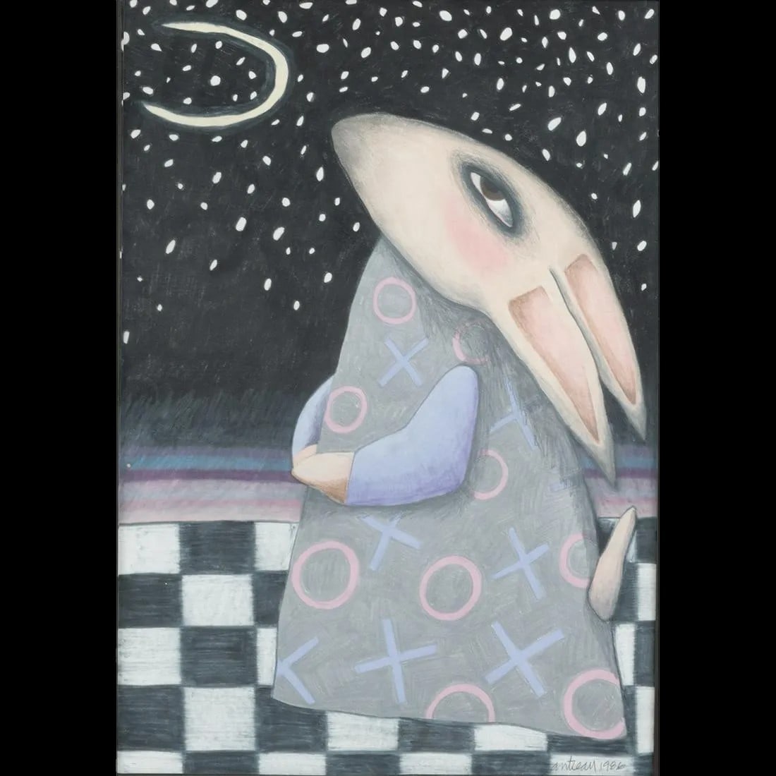 Chris Antieau, Stargazing Rabbit, mixed media: CHRIS ROBERTS-ANTIEAU (American, born 1950), Stargazing Rabbit, 1986, mixed media on paper, (approximate dimensions - image (sight): 16 1/8 x 11 1/4 inches); signed and dated lower right. approximate