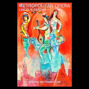 MARC CHAGALL Original Metropolitan Lincoln Center 1966 Carmen Opera colored Litograph: MARC CHAGALL (1887-1985) Original Carmen-Metropolitan Opera Lincoln Center Opening 1966 Colored lithograph 39 1/4 x 25 1/4 / 99.69 x 64.13 cm ; Frame: 42 3/4 x 28 1/2 inches. Printed in France by