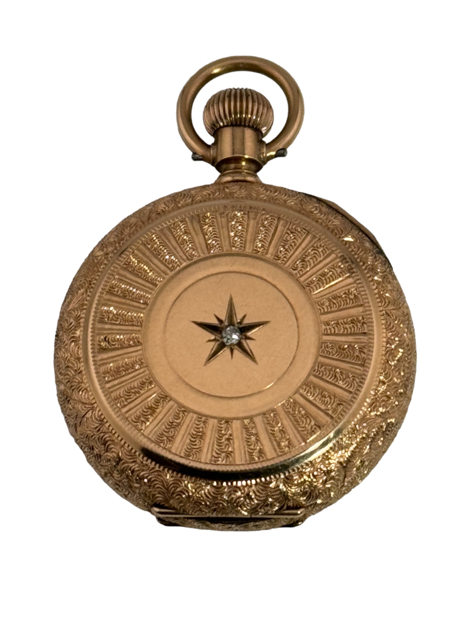 1891 American Waltham Engraved Diamond Gold Filled Pocket Watch: 1891 American Waltham Engraved Diamond Gold Filled Pocket Watch. Hunter case with center diamond stone, Size 6s, 7J. s/n 4924982
